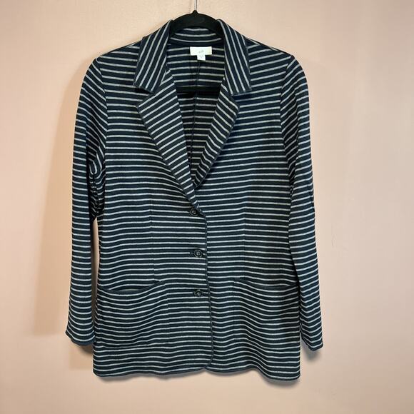 J. Jill Striped Jersey Knit Blazer Medium Jacket Navy Blue Gray Coastal Chic - Picture 1 of 7